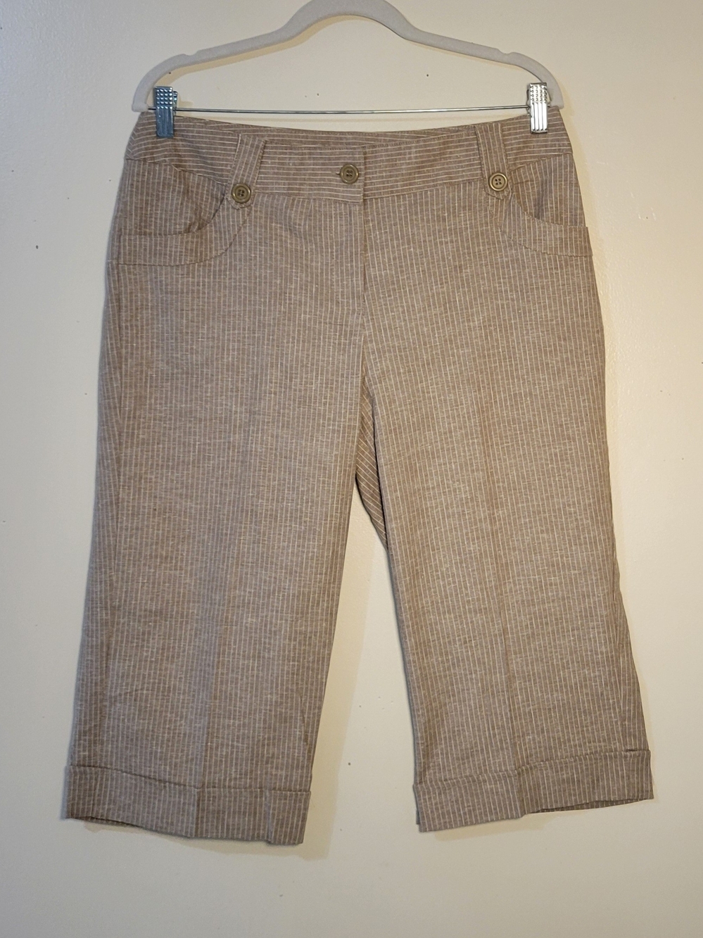 Courtenay (Women's 10P) Cotton blend Casual Capri Pants in Taupe Stripe